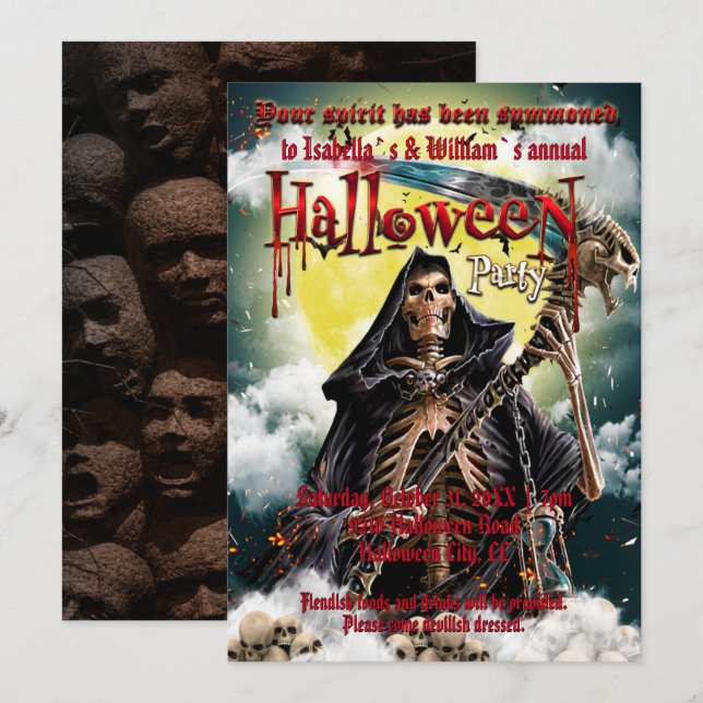 Spooky Skeleton & Scary Skull Halloween Inbjudningar (Fram/baksida)