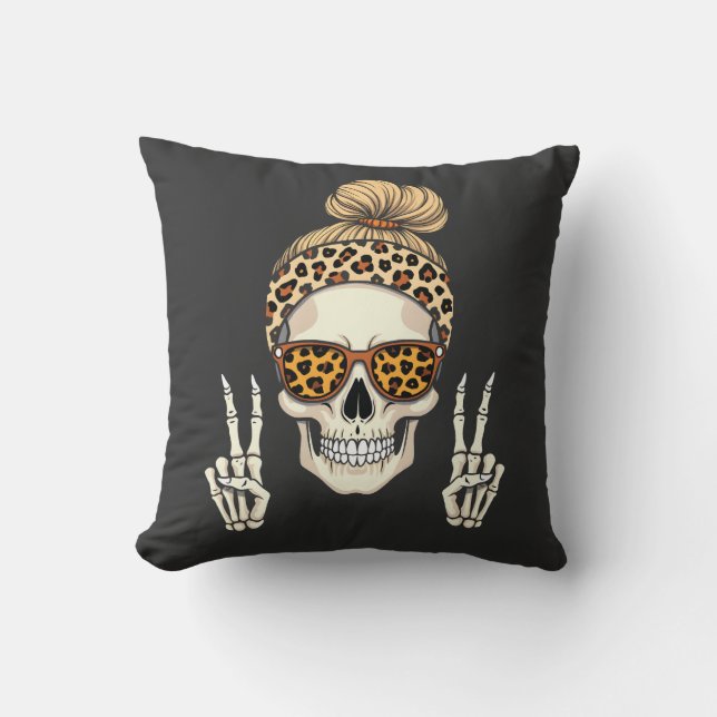 Spooky Skeleton Skull Leopard Halloween Mamma Kudde (Framsida)