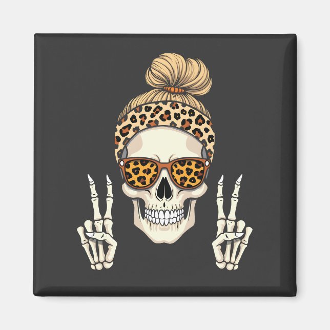 Spooky Skeleton Skull Leopard Halloween Mamma Magnet (Framsidan)