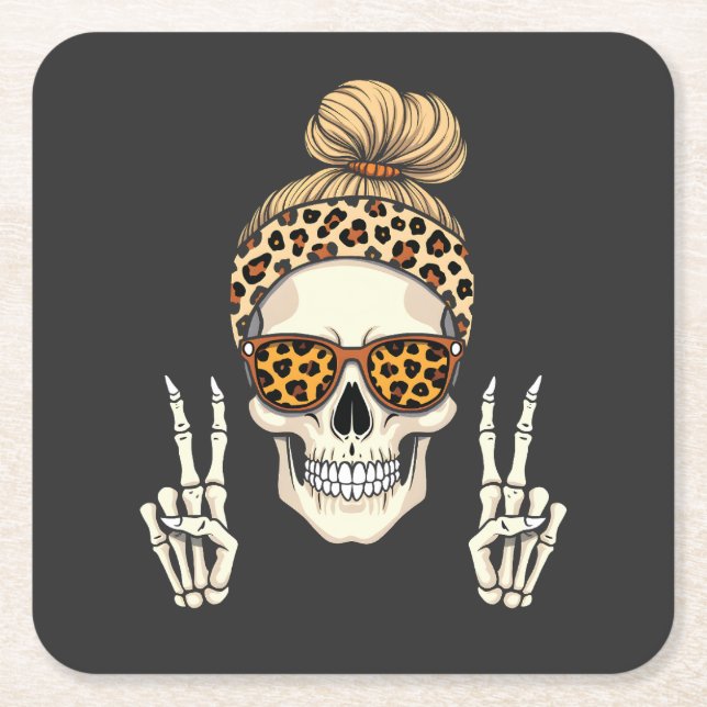 Spooky Skeleton Skull Leopard Halloween Mamma Underlägg Papper Kvadrat (Framsidan)