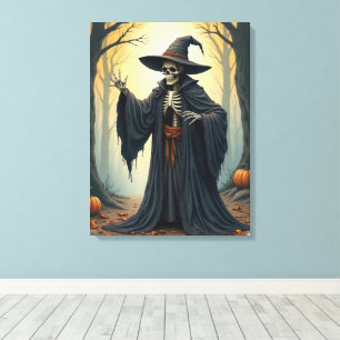 Spooky Skeleton Witch in Haunted Forest Halloween Canvastryck