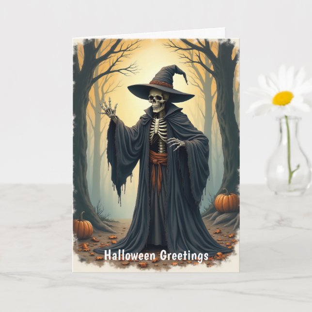 Spooky Skeleton Witch in Haunted Forest Halloween Kort (Liten växt)