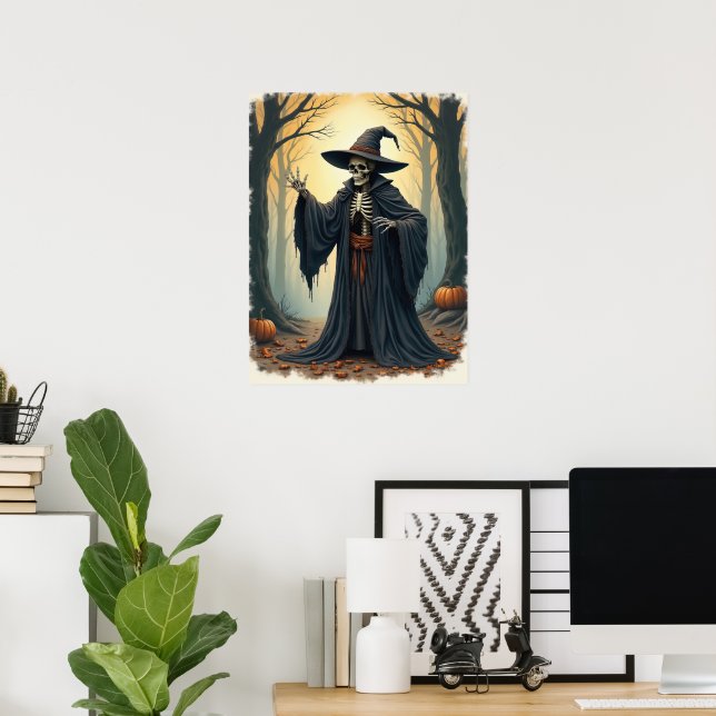 Spooky Skeleton Witch in Haunted Forest Halloween Poster (Hemmakontoret)