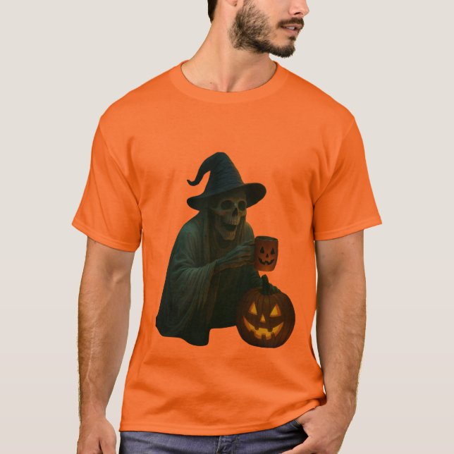 Spooky Skeleton Witch med Pumpkin Glow T Shirt (Framsida)