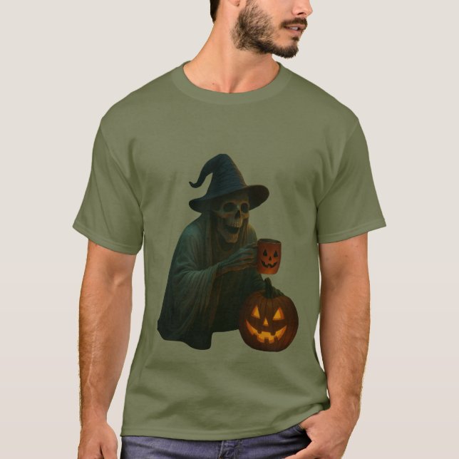 Spooky Skeleton Witch med Pumpkin Glow T Shirt (Framsida)