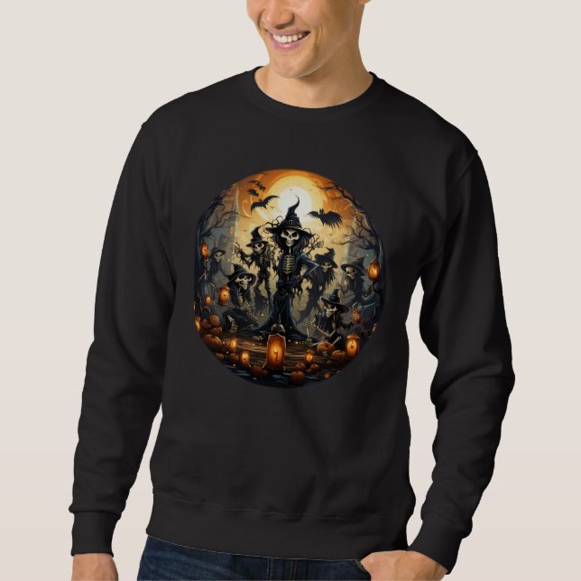 Spooky Skeleton Witches Fladdermus Pumpkins Hallow Lång Ärmad Tröja (Framsida)