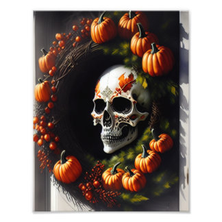 Spooky Skull and Pumpkin Wreath Fototryck