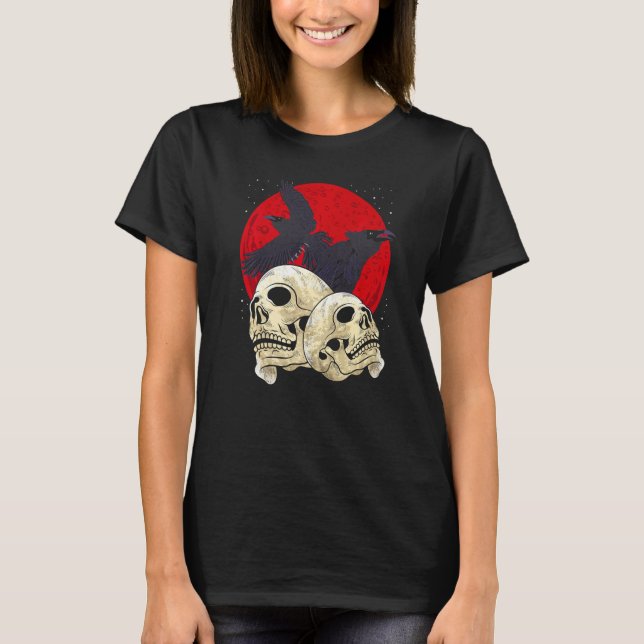Spooky Skull Creepy Skeleton Head Crow Gothic Bird T Shirt (Framsida)