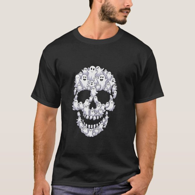 Spooky Skull Ghost Ansikte Halloween Costume T Shirt (Framsida)