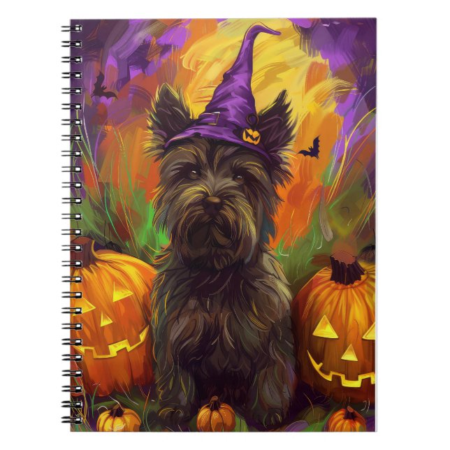 Spooky Skye Terrier Hund Halloween Witch Pumpkin Anteckningsbok (Framsidan)