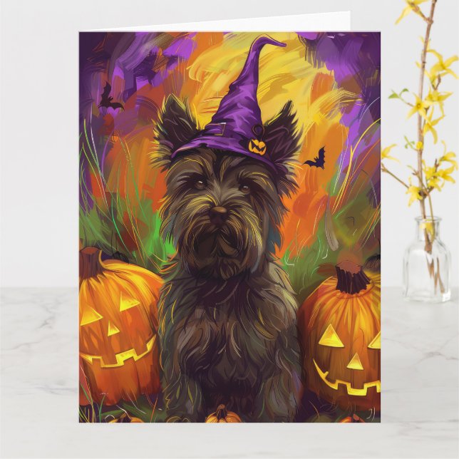 Spooky Skye Terrier Hund Halloween Witch Pumpkin Kort (Gul blomma)