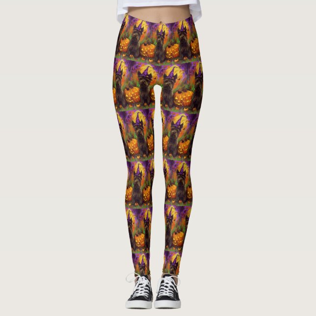 Spooky Skye Terrier Hund Halloween Witch Pumpkin Leggings (Framsida)