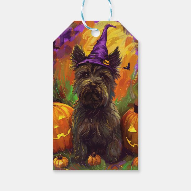 Spooky Skye Terrier Hund Halloween Witch Pumpkin Presentetikett (Framsidan)