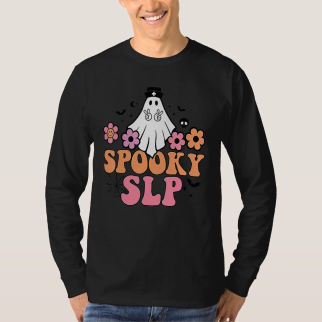 Spooky SLP Speech Language Pathologist Ghost Hallo T Shirt (Framsida)