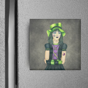 Spooky Söt girl Grönt Hat Spindelnät Light Grått Magnet