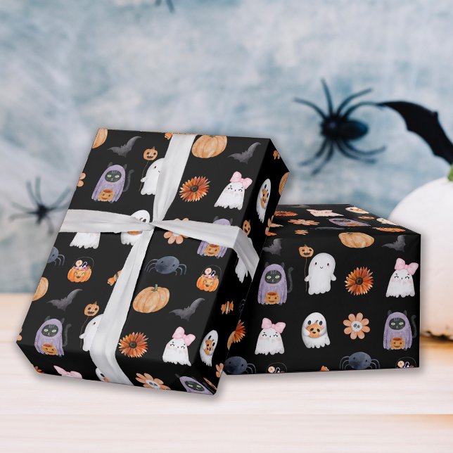 Spooky söt halloween spökvattenfärg stil svart presentpapper (Skapare uppladdad)
