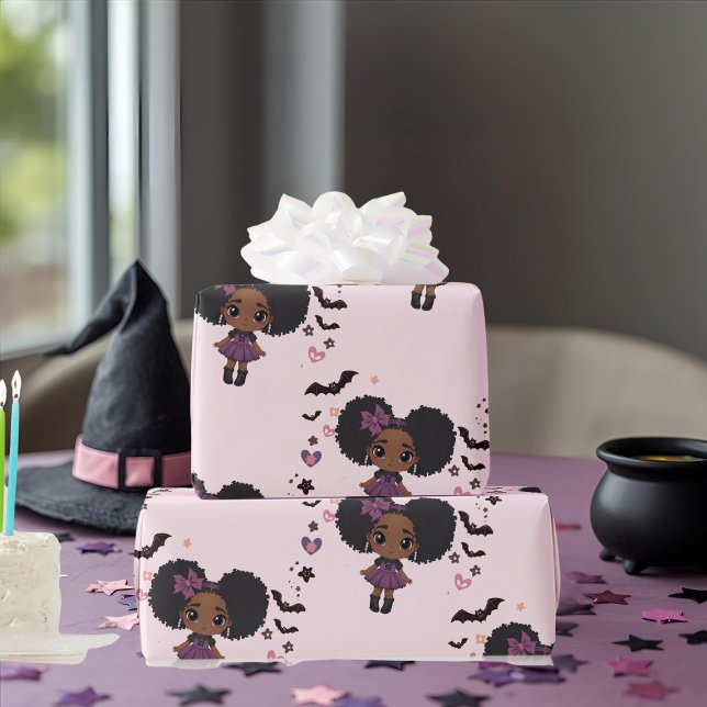 Spooky söt lila-flicka afro-puff mönster presentpapper (Spooky cute purple girl afro-puff pattern wrapping paper)