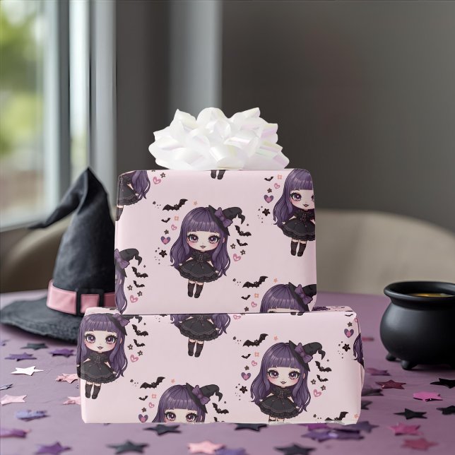 Spooky söt lila rosa  häxig flicka mönster presentpapper (Spooky cute purple pink witchy girl pattern wrapping paper)