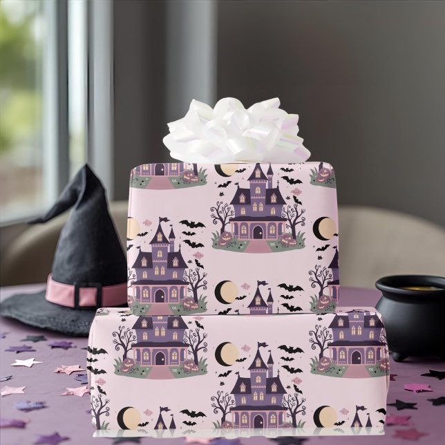Spooky söt Mansion rosa mönster Presentpapper (Spooky cute Mansion pink pattern Wrapping Paper)