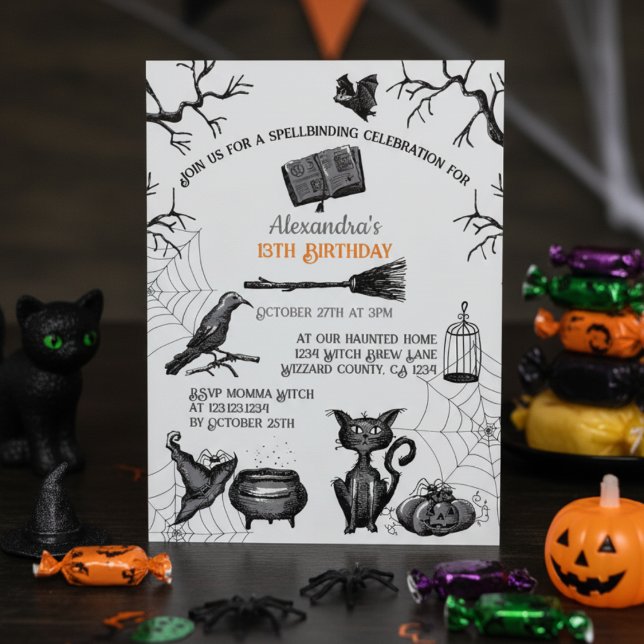 Spooky Spellbindning Halloween-Födelsedagsfest Inbjudningar (Spooky Halloween Birthday Invitation in Orange and Black for Kids. Scary Pumpkin, Cat, Raven, Bats)
