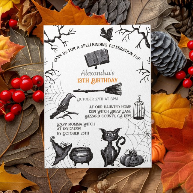 Spooky Spellbindning Halloween-Födelsedagsfest Inbjudningar (Spooky Kids Halloween Party Invitation. Creepy Bats, Webs, Black Cat, Cauldron, Black Raven, Pumpkin)