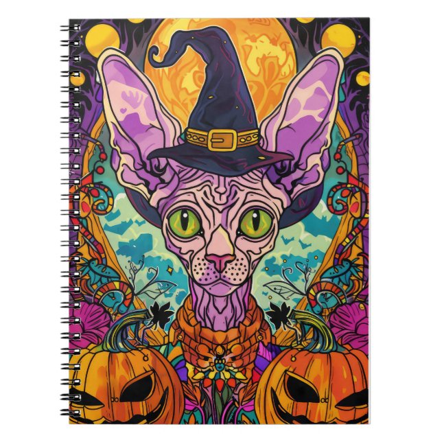 Spooky Sphynx-katt Halloween-beck och pumpkin Anteckningsbok (Framsidan)