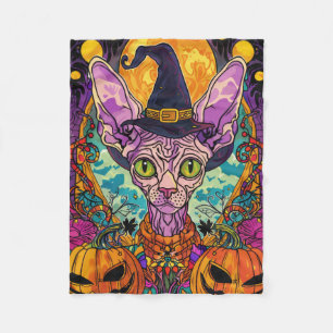 Spooky Sphynx-katt Halloween-beck och pumpkin Fleecefilt