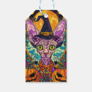Spooky Sphynx-katt Halloween-beck och pumpkin Presentetikett