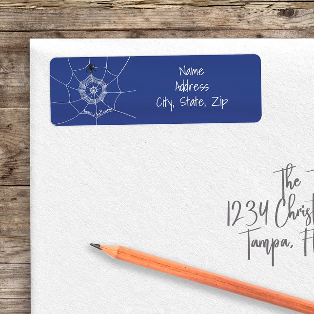 Spooky Spider spinning Happy halloween Webben Returadress Etikett (Blue Spider web cute halloween return address labels. )