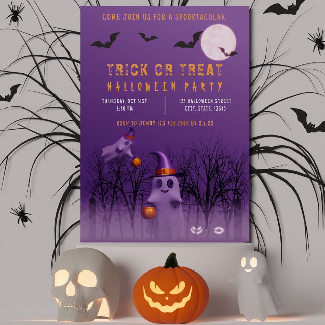 Spooky Spöken Bus eller godis Halloween fest Inbjudningar (Spooky Ghosts Trick or Treat Halloween party Invitation)