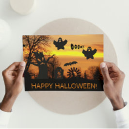 Spooky Spöken och Fladdermöss på Halloween Natt Kort