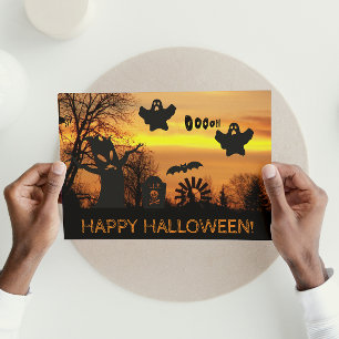 Spooky Spöken och Fladdermöss på Halloween Natt Kort