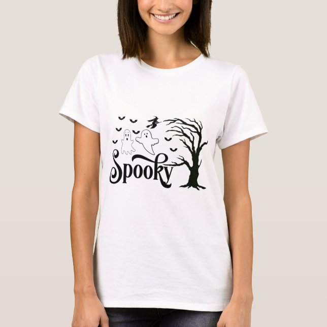 Spooky Spöken Träd Birds Witch på Broom Halloween T Shirt (Framsida)