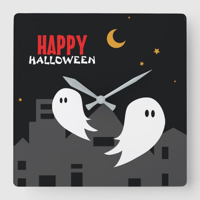 Spooky spökstad halloween tecknad fyrkantig klocka (Framsida)