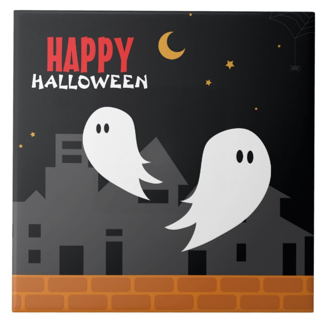 Spooky spökstad halloween tecknad kakelplatta (Framsidan)