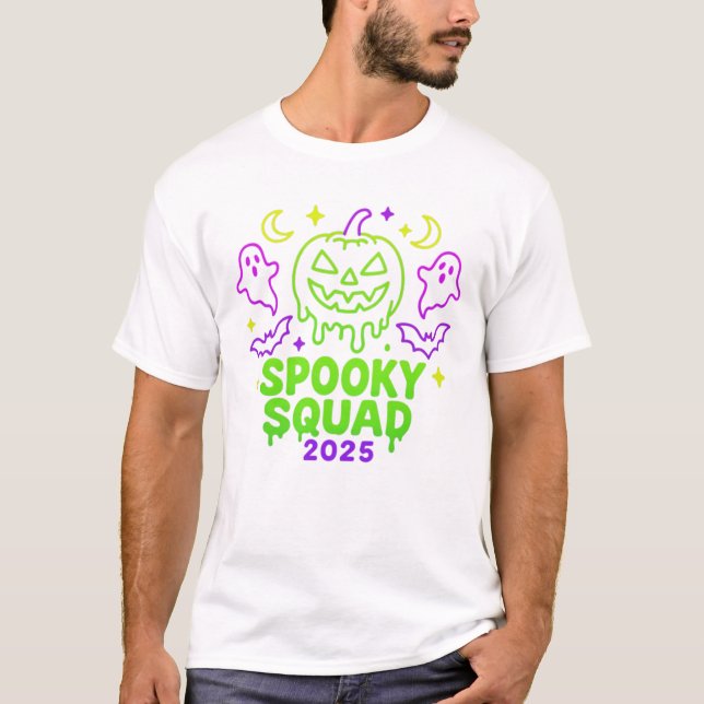 Spooky Squad 2025 Halloween Neon Ghost Pumpkin T Shirt (Framsida)