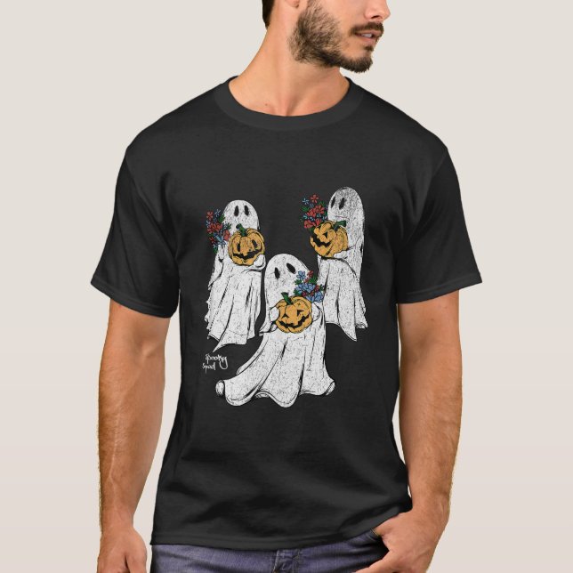 Spooky Squad Ghost Pumpkin Flowers Retro Cute Hall T Shirt (Framsida)