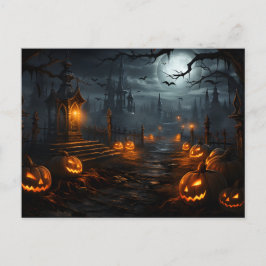 Spooky ställe, fullt, måne, pumpor, Halloweenkväll Vykort