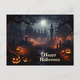 Spooky ställe, fullt, måne, pumpor, Halloweenkväll Vykort