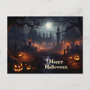 Spooky ställe, fullt, måne, pumpor, Halloweenkväll Vykort