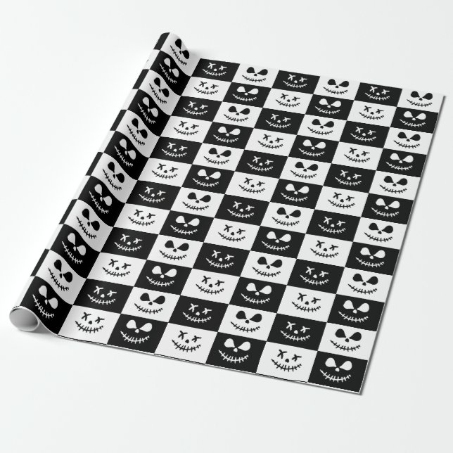 Spooky Stitch Ansikte | Black & White Halloween Presentpapper (Utrullad)