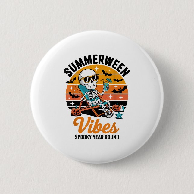 Spooky Summer Beach Skeleton Funny Halloween Summe Knapp (Framsida)
