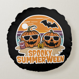 Spooky Summerween - pumpor på stranden Rund Kudde