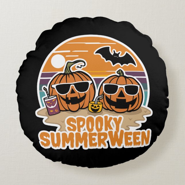 Spooky Summerween - pumpor på stranden Rund Kudde (Framsidan)