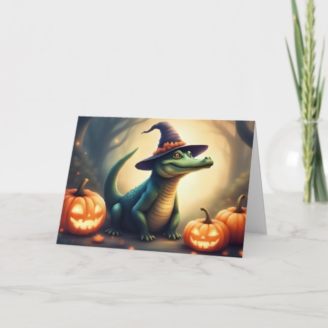 Spooky Swamp Witch Gator Halloween Notecard Tack Kort (Framsida)