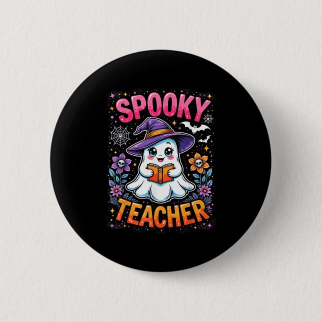 Spooky Teacher Cute Ghost Reading Bok Funny Hallo Knapp (Framsida)