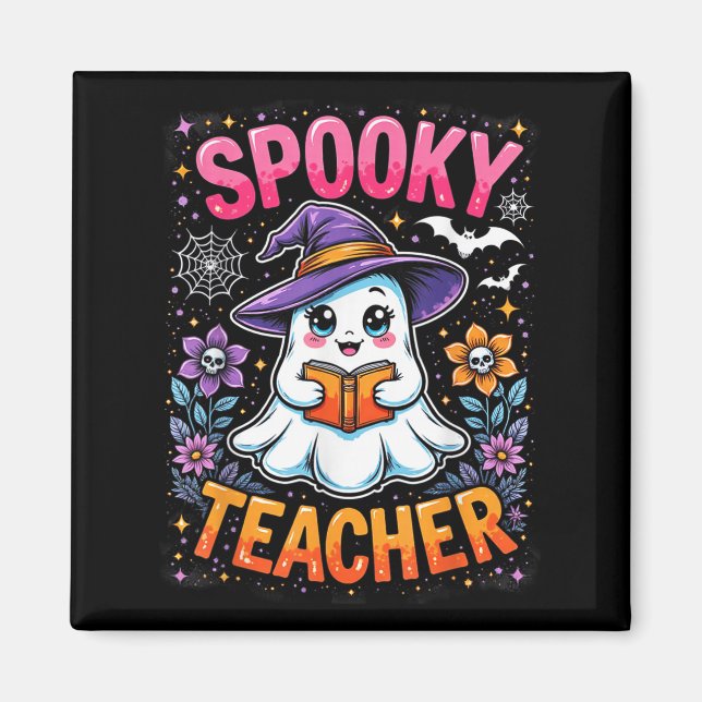 Spooky Teacher Cute Ghost Reading Bok Funny Hallo Magnet (Framsidan)