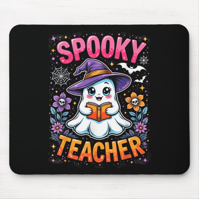 Spooky Teacher Cute Ghost Reading Bok Funny Hallo Musmatta (Framsidan)
