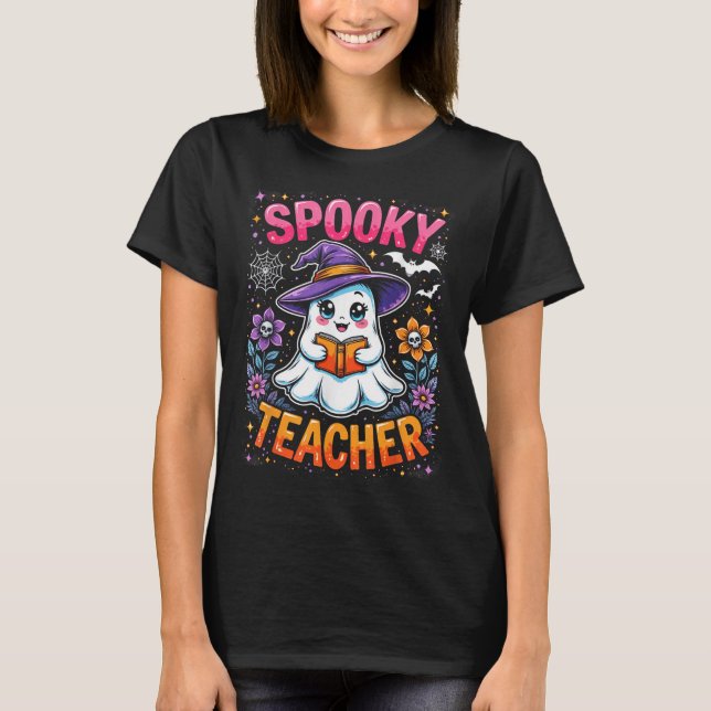 Spooky Teacher Cute Ghost Reading Bok Funny Hallo T Shirt (Framsida)