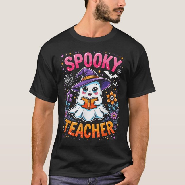 Spooky Teacher Cute Ghost Reading Bok Funny Hallo T Shirt (Framsida)